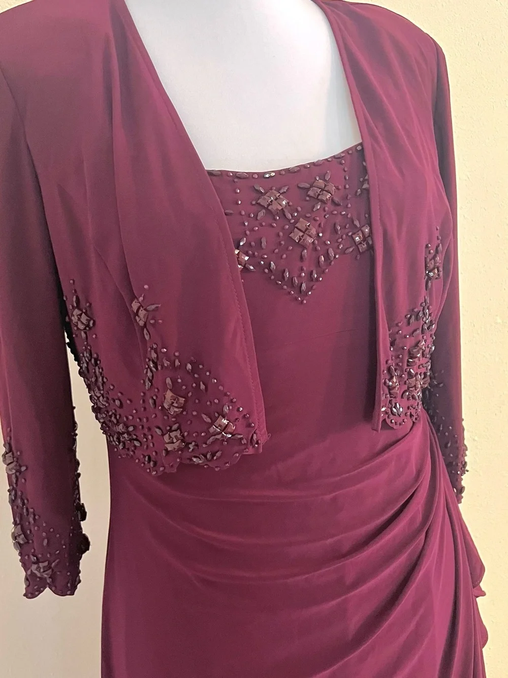 Alex Evenings Wine Burgundy Beaded Two-Piece Evening Gown Waterfall-Ruffle 10